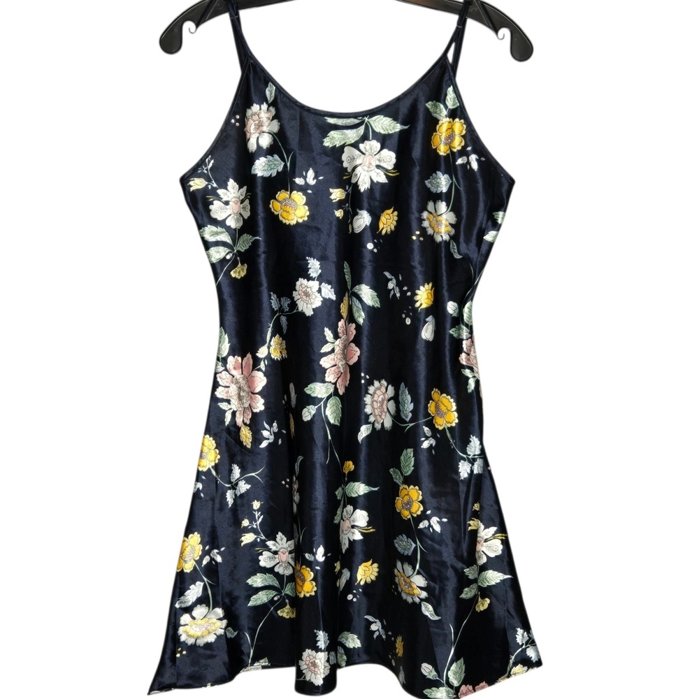 VTG Martha B Navy Satin Slip Dress S Floral Y2K Undressed Lingerie Pajama Goth